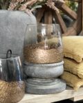 Groot windlicht grijs glas met koperen rand