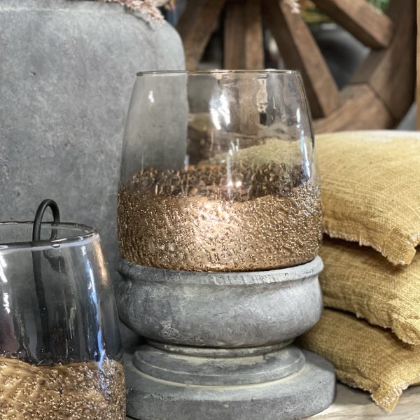 Groot windlicht grijs glas met koperen rand