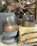 Groot windlicht grijs glas met koperen rand