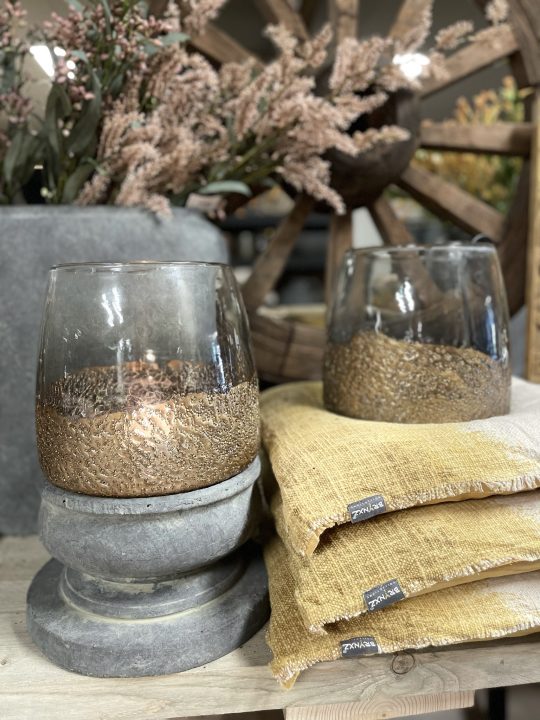 Groot windlicht grijs glas met koperen rand