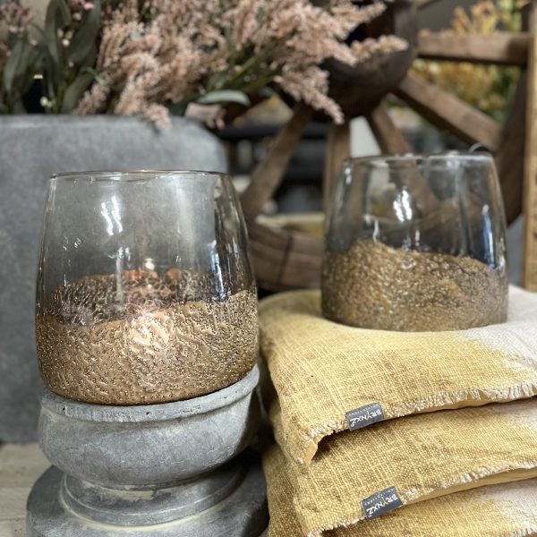 Groot windlicht grijs glas met koperen rand